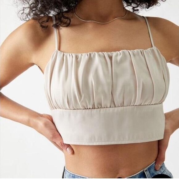 PacSun | Kendall & Kylie Shirred Satin Cami, Light Taupe, Medium, Adjust. straps - Picture 1 of 6